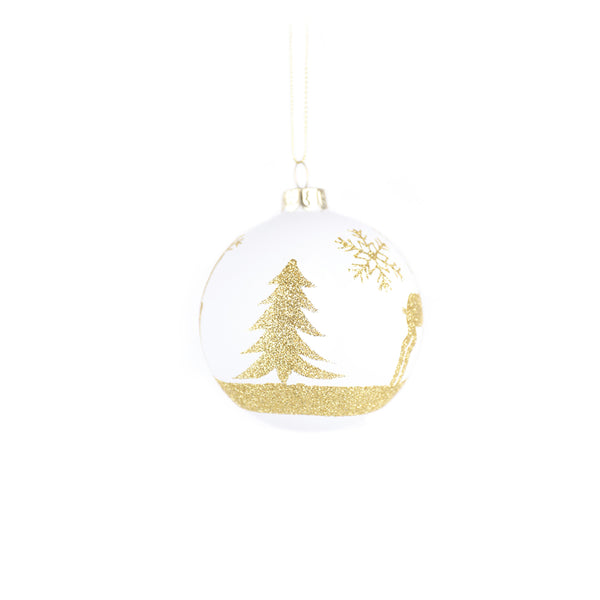 Christmas White Glass with Gold Reindeer Tree Bauble | 12cm, Gold Glitter