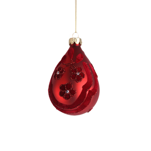 Christmas Red Glass Teardrop Bauble with Velvet | 10cm, Glitter Floral