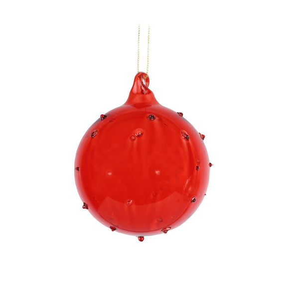 Christmas Red Dotted Glass Bauble | 8 cm, High-Gloss Finish, Gold-Tone Cord