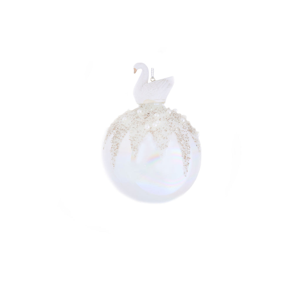 Christmas Glass Bauble with Swan | 8 cm, Iridescent Finish, Assorted Colours