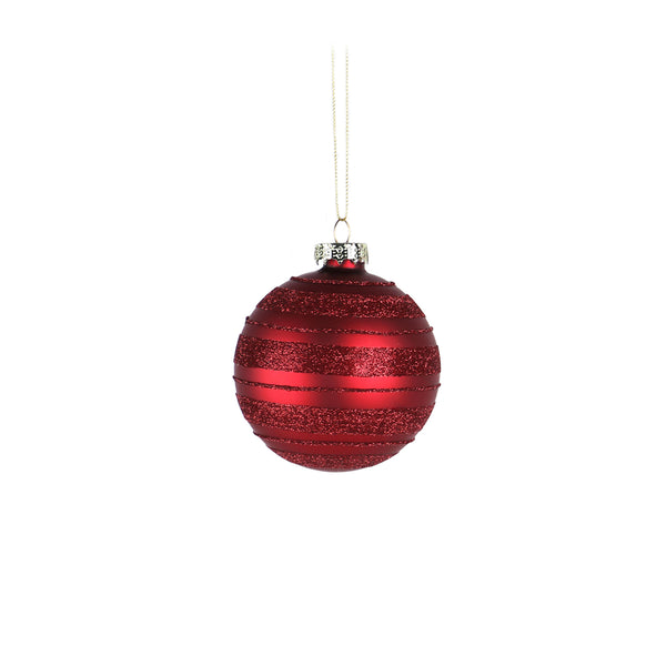 Christmas Red Glass Hanging Bauble | 8 cm, Glitter Bands, Gold-Tone Cap
