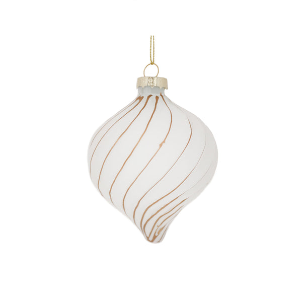 Christmas White and Gold Glass Onion Bauble | 8cm, Glossy Finish, Spiral Stripe