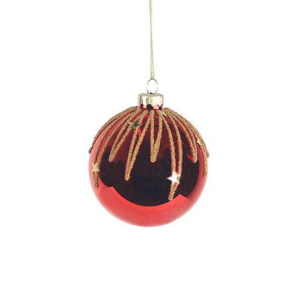 Christmas 8cm Red Glass Bauble | Gold Glitter Stars, Hanging Loop