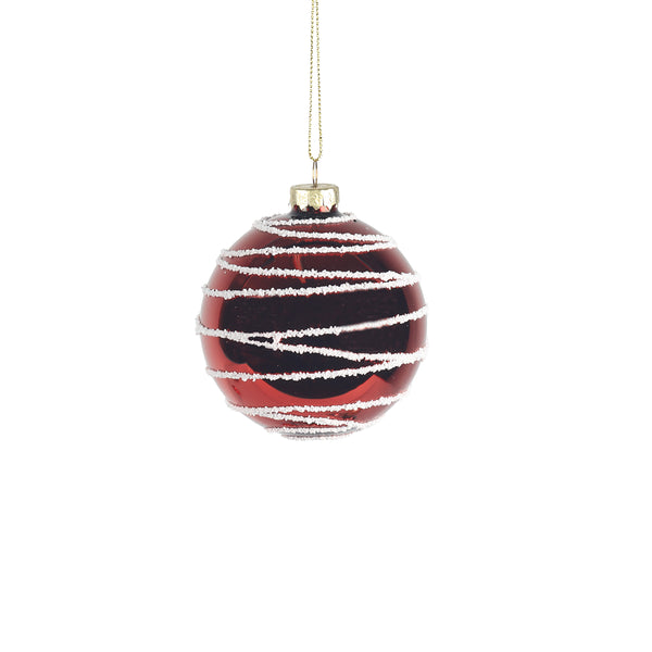 Christmas Red Glass Bauble with White Glitter Spiral | 8cm, Ready to Hang