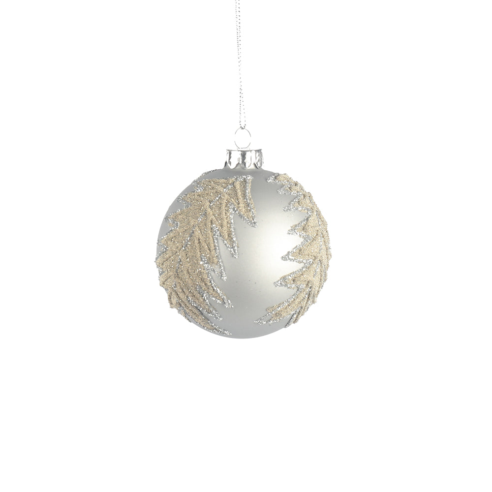 Christmas 8 cm Matte Silver Glass Tree Bauble with Leaf and Glitter | Metal Cap