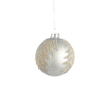 Christmas 8 cm Matte Silver Glass Tree Bauble with Leaf and Glitter | Metal Cap