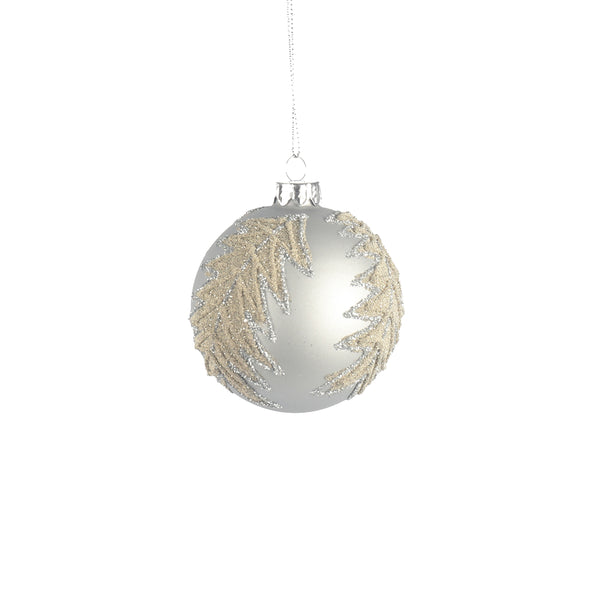 Christmas 8 cm Matte Silver Glass Tree Bauble with Leaf and Glitter | Metal Cap