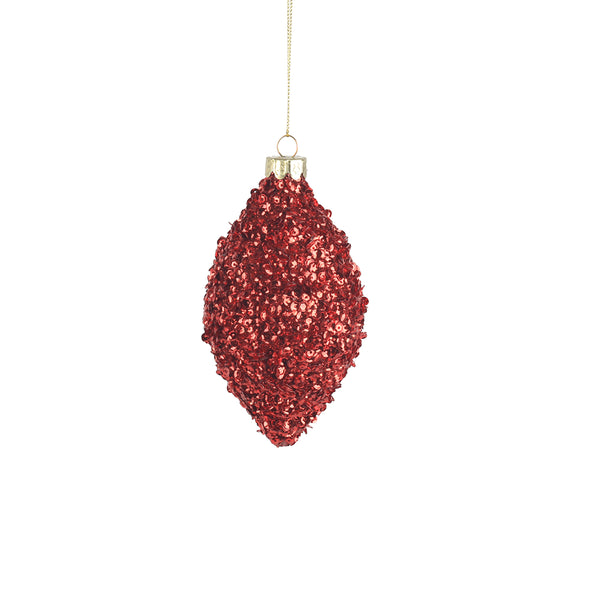 Christmas Red Sequin Glass Teardrop Bauble | 14cm, Gold-Tone Cap