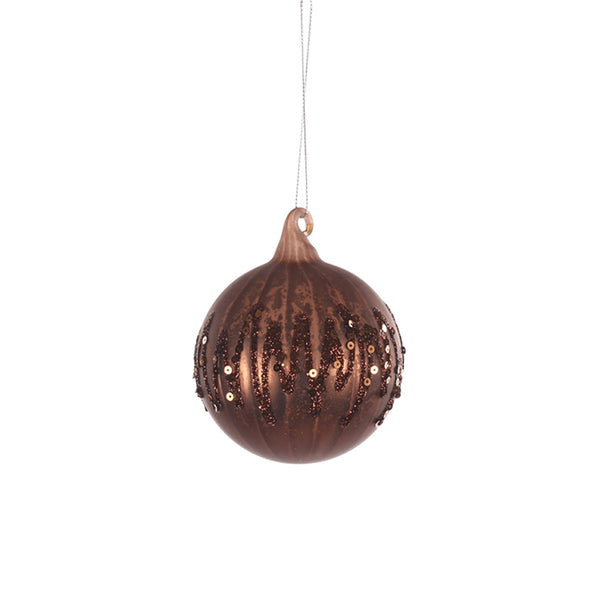Christmas Bronze Glass Glitter Bauble Hanging Ornament | 8cm, Ribbed, Sequins