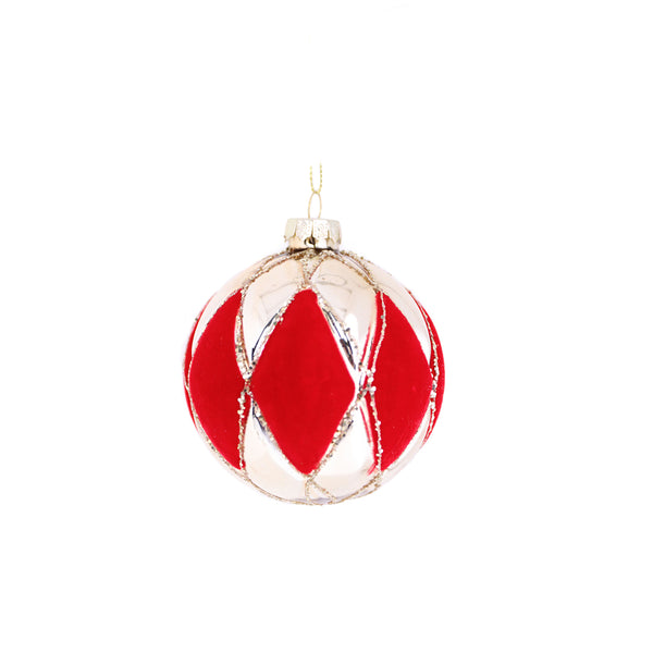 Christmas Glass Silver/Red Diamond Effect Bauble | 8cm, glitter trim, gold cap
