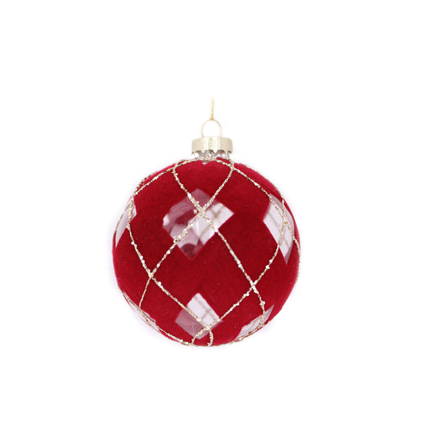 Christmas 8 cm Glass Soft Touch Red Bauble | Gold Diamond Lattice, Hanging Loop