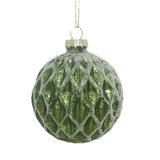 Christmas Green Glass Bauble | 8cm, Silver Glitter Lattice Mesh, Hanging Loop
