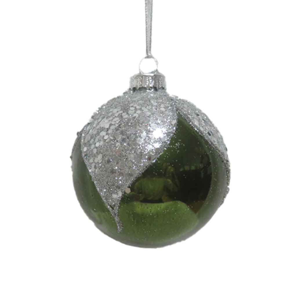 Christmas Green Glass Bauble with Silver Glitter Wrap | 8 cm, Hanging Ribbon