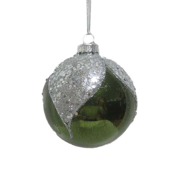 Christmas Green Glass Bauble with Silver Glitter Wrap | 8 cm, Hanging Ribbon