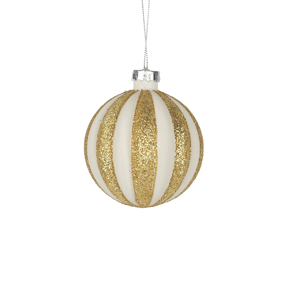 Christmas 8 cm White/Gold Glass Bauble Tree Ornament | Glitter Stripes