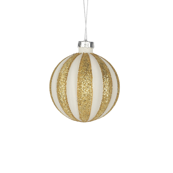 Christmas 8 cm White/Gold Glass Bauble Tree Ornament | Glitter Stripes