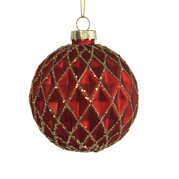 Christmas Red Quilted Glass Bauble | 8 cm, Gold Glitter Lattice, Hanging Loop