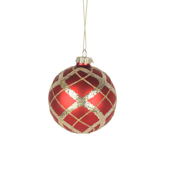 Christmas 8 cm Red Glass Bauble Tree Ornament | Gold Lattice Pattern, Gold Chain