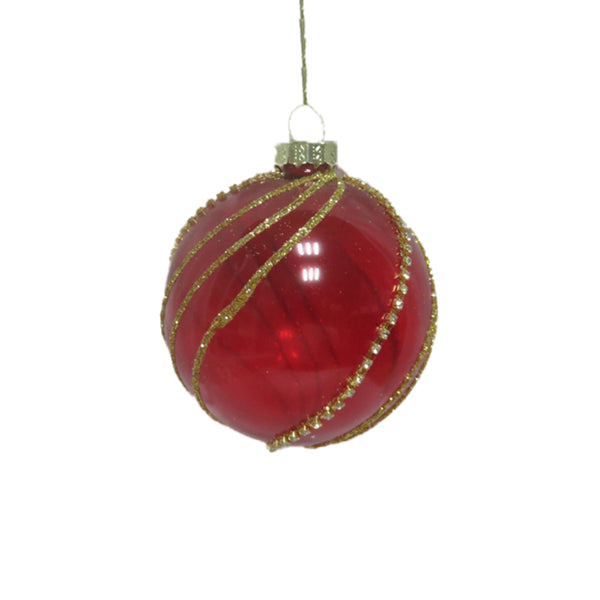 Christmas High-Gloss Red Glass Bauble with Gold Gems | 8 cm, Metal Hanging Loop