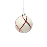 Christmas White Glass Bauble | 10 cm, Red Stripe Design, Glitter Finish