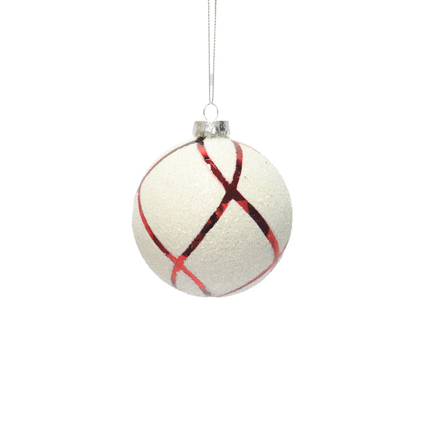 Christmas White Glass Bauble | 10 cm, Red Stripe Design, Glitter Finish