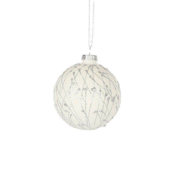 Christmas White Glass Bauble Silver Glitter Lattice | 8cm, Pre-Attached Cord