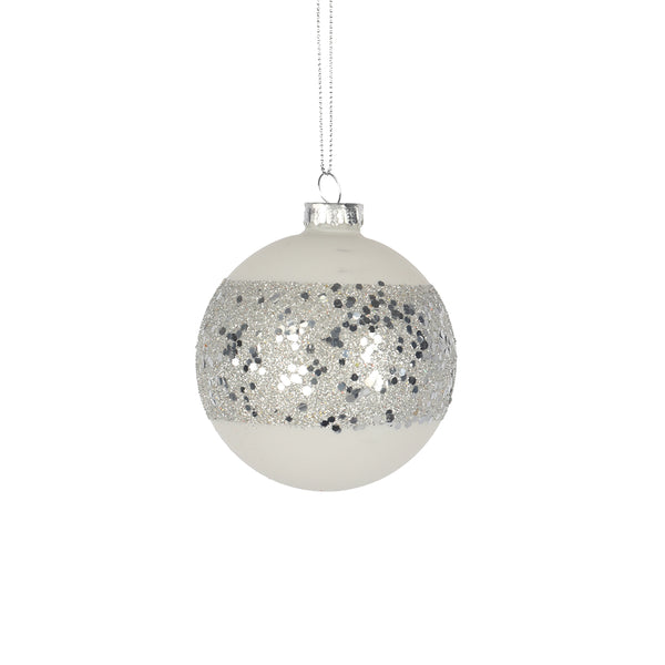 Christmas White Glass Bauble with Silver Glitter | 8 cm, Hanging Loop