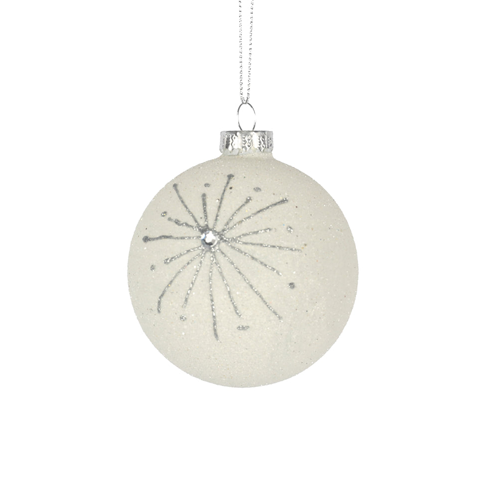 Christmas White Glass Silver Starburst Bauble | 8 cm, Glitter Finish