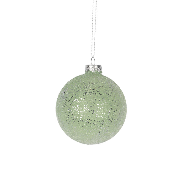 Christmas 8cm Mint Green Glass Bauble | Glitter-Coated, Hanging Loop and Cord