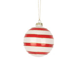 Christmas White Glass Bauble Red Stripes | 8cm, Gold Glitter, Hanging Cord
