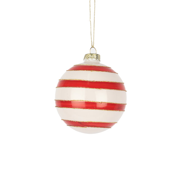 Christmas White Glass Bauble Red Stripes | 8cm, Gold Glitter, Hanging Cord
