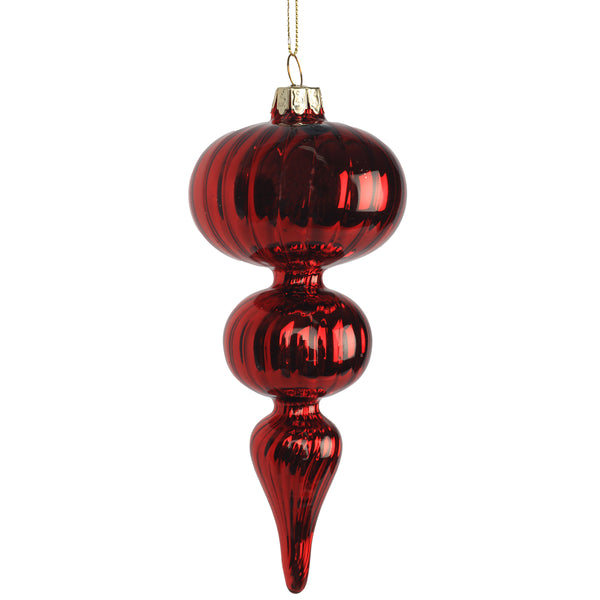 Christmas Red Glass Drop Bauble | 16.5 cm, Ribbed, High-Gloss, Gold-Tone Cap