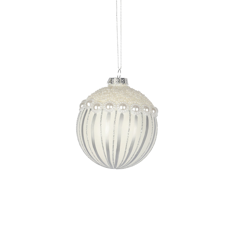 Christmas White Glass Bauble with Silver Lines and Pearl Cap | 8cm