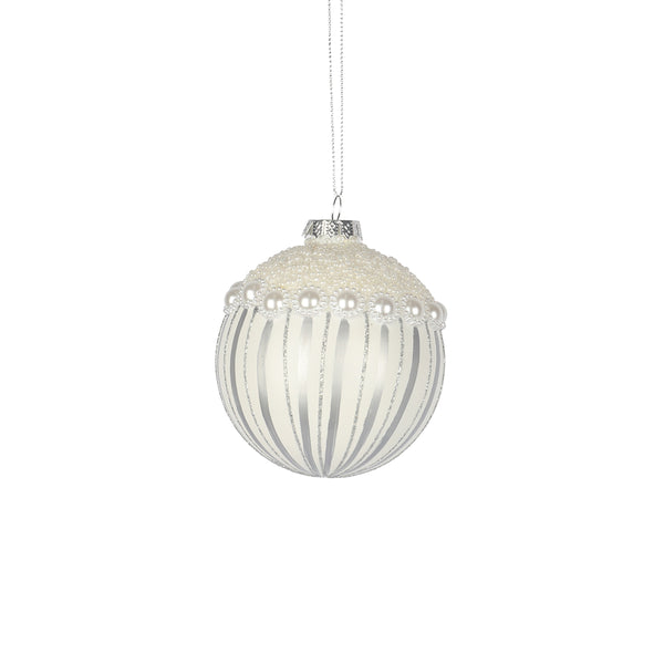 Christmas White Glass Bauble with Silver Lines and Pearl Cap | 8cm