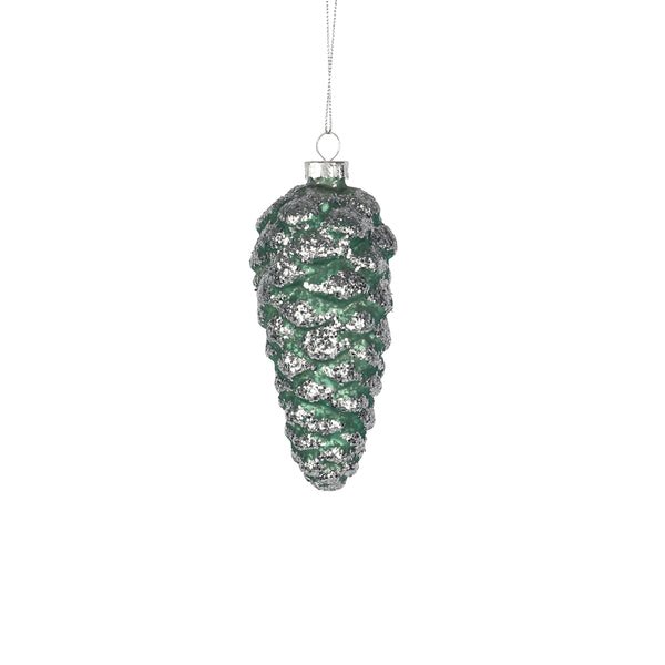 Christmas Green and Silver Pine Cone Hanging Ornament | 13cm, Glitter