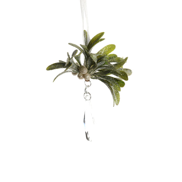 Christmas Mistletoe and Crystal Drop Hanging Ornament | 17.5cm, Glittered Leaves