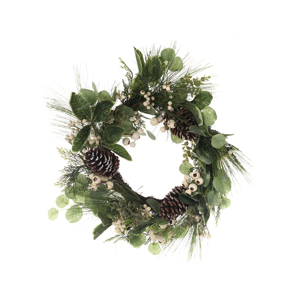 Christmas 65cm Green Wreath with Pine Cones and White Berries | Ready to Hang