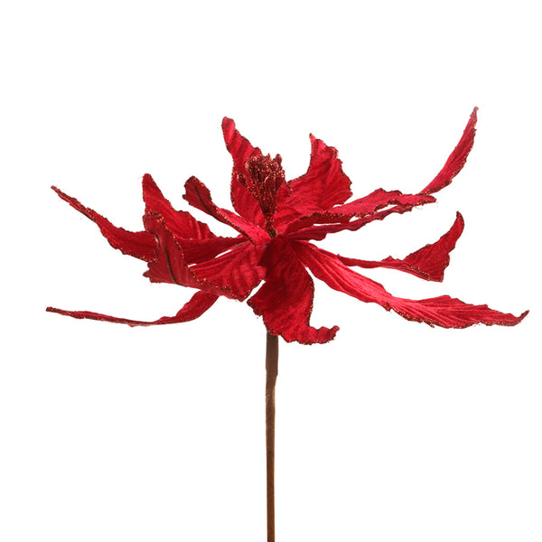 Christmas Red Fabric and Glitter Artificial Flower Spray | 35 cm, Long Stem
