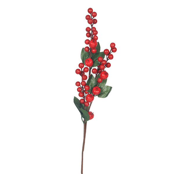 Christmas 62 cm Red Berry Spray Floral Stem | Glossy Berries, Green Leaves