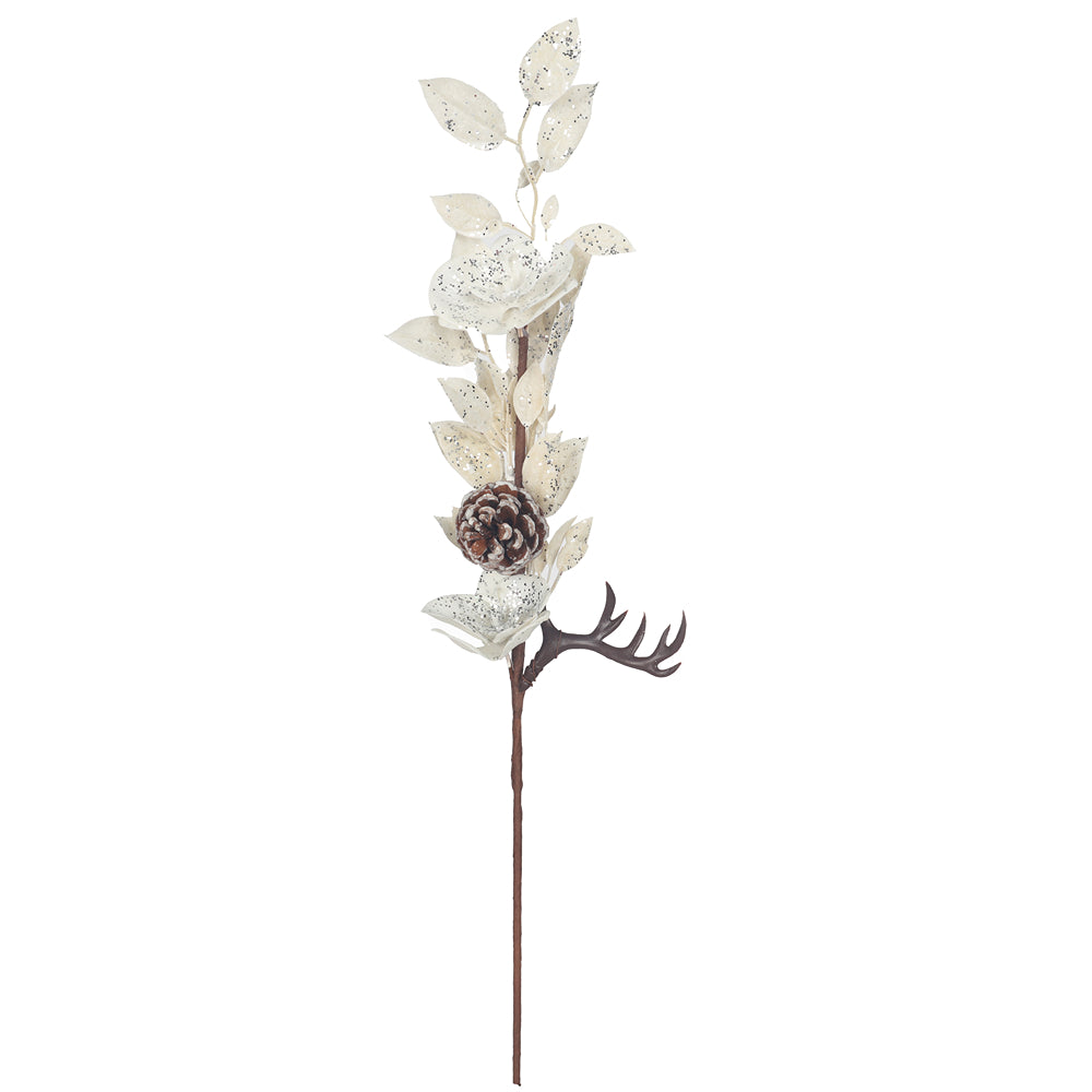 Christmas White Christmas Spray Stem | 66cm, Glitter-Dusted, Pine Cone Accent