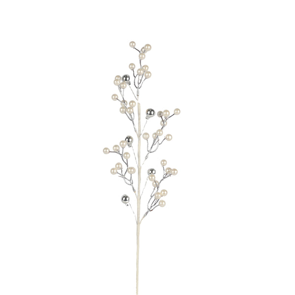 Christmas White Berry Stem | 65cm, Silver-Tone Branches, Pearl-Like Beads