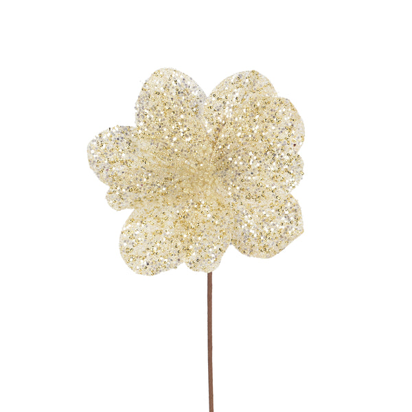 Christmas Ivory Glitter Flower Stem | 50 x 25cm, Gold-Toned Sparkle