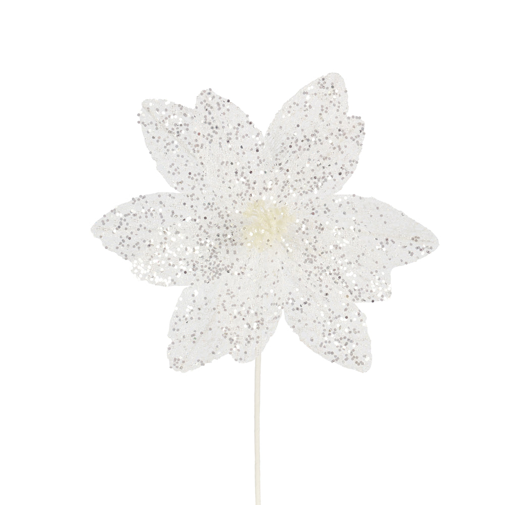 Christmas White Glitter Poinsettia Spray | 50 x 21cm, Integrated Stem
