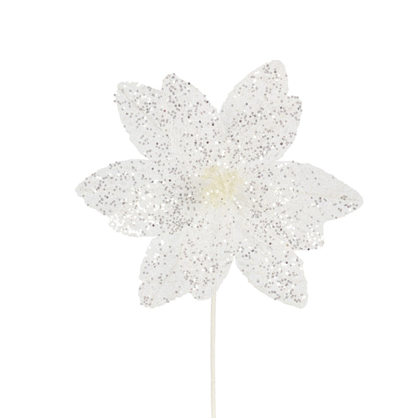 Christmas White Glitter Poinsettia Spray | 50 x 21cm, Integrated Stem