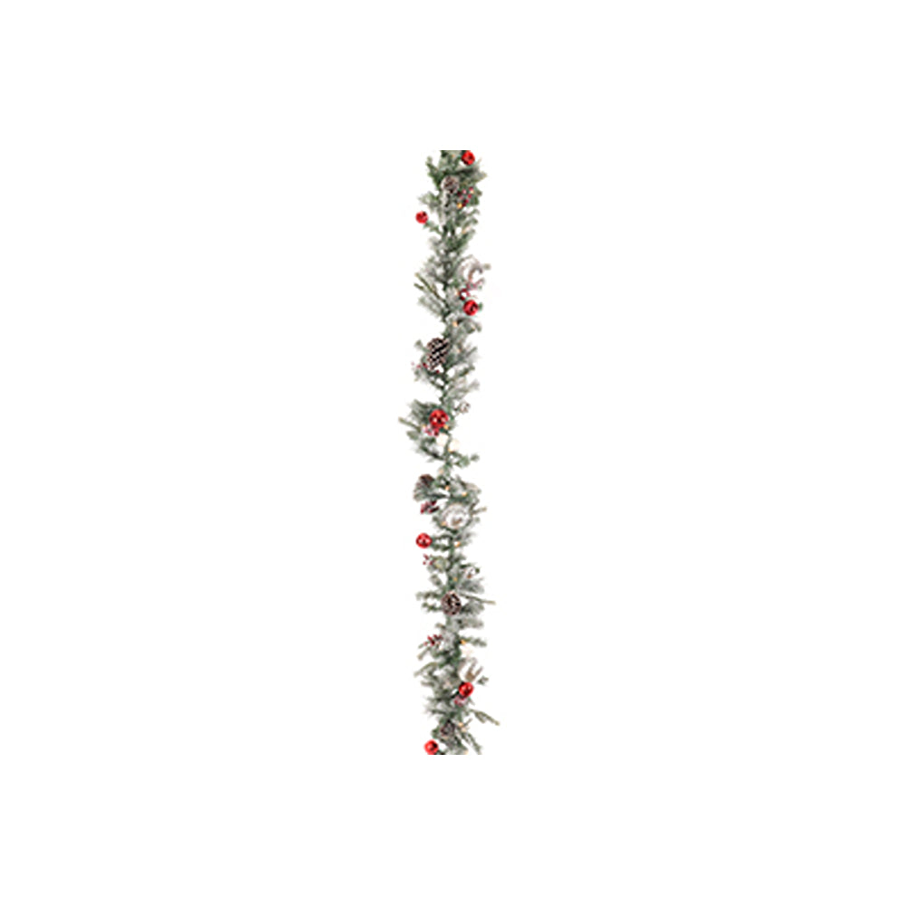 Christmas Flocked Garland | 50 LED, Battery Operated, 180cm, Red Berry Accents