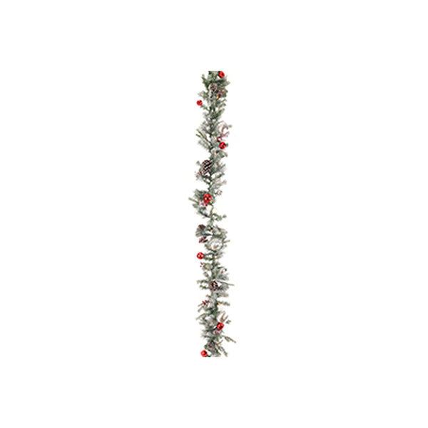 Christmas Flocked Garland | 50 LED, Battery Operated, 180cm, Red Berry Accents