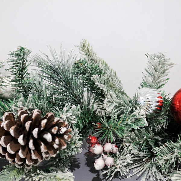 Christmas Flocked Garland | 50 LED, Battery Operated, 180cm, Red Berry Accents