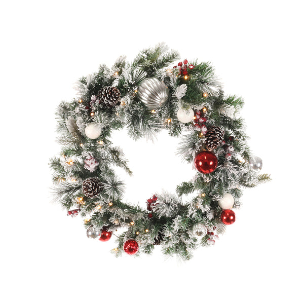 Christmas Frosted Pre-Lit Wreath | 70cm, 50 LEDs, Warm White, Battery Operated