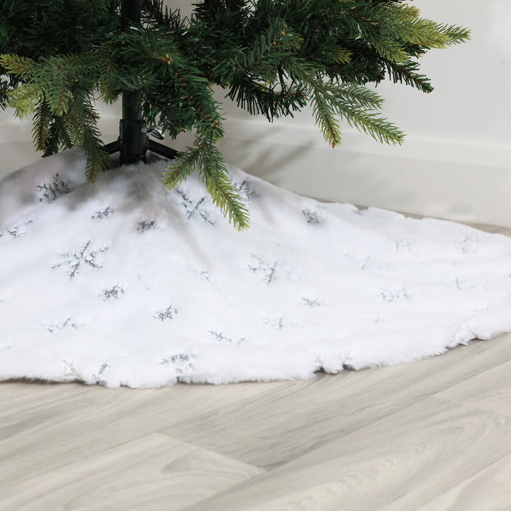 Christmas Plush White Snowflake Pattern Tree Skirt | Hides Stand, Quick Setup