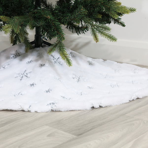 Christmas Plush White Snowflake Pattern Tree Skirt | Hides Stand, Quick Setup